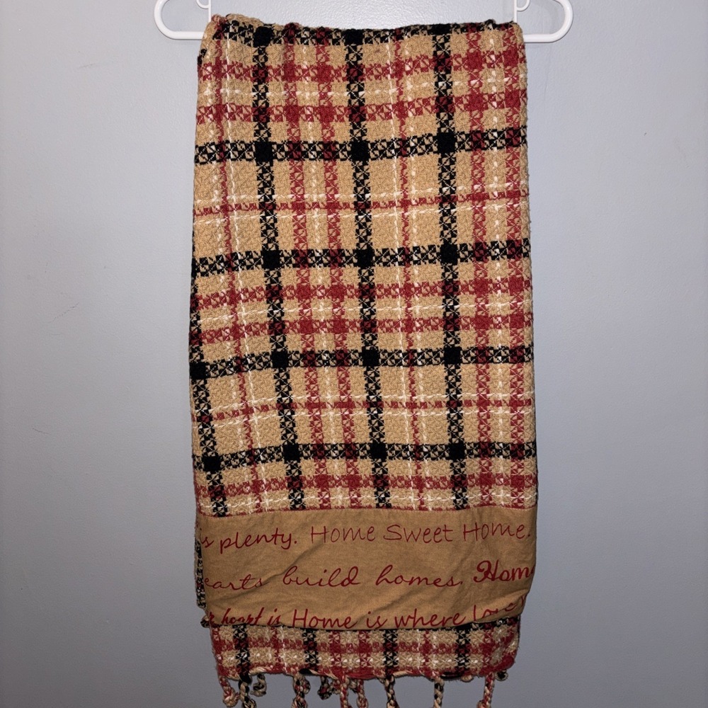 Vintage‎ Woven Plaid Throw Blanket Home Sweet Home Tassels Primitive Rustic